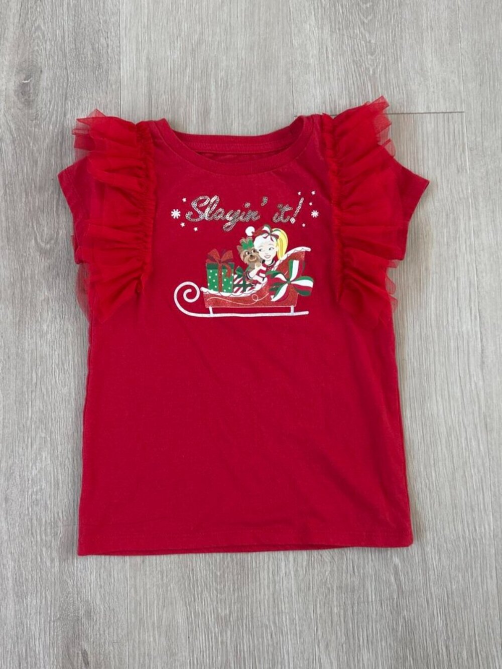 JoJo Siwa Girls 6/6X Red Christmas Graphic T-Shirt Ruffled Tulle Sleeves